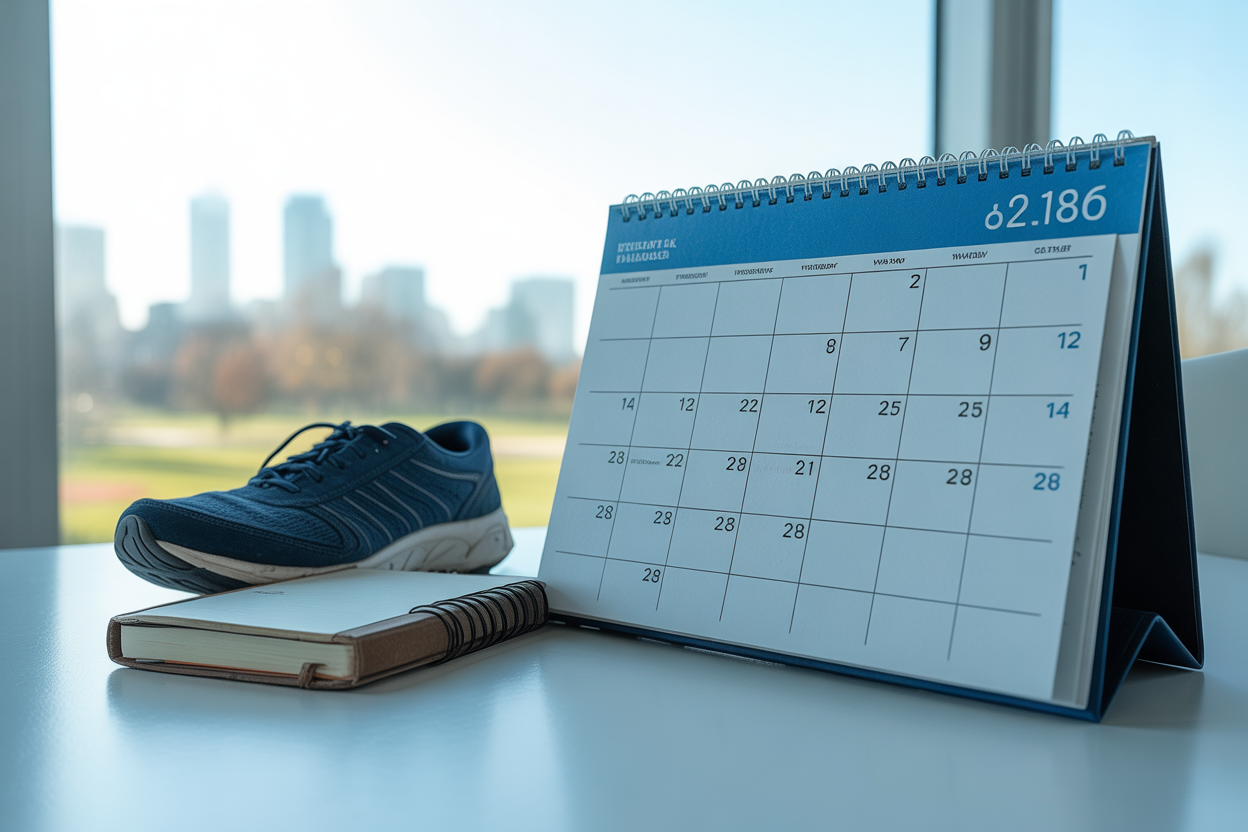 Un calendrier simple de 8 semaines montrant la progression de la course et de la marche, avec des icônes de coureur et de marcheur.