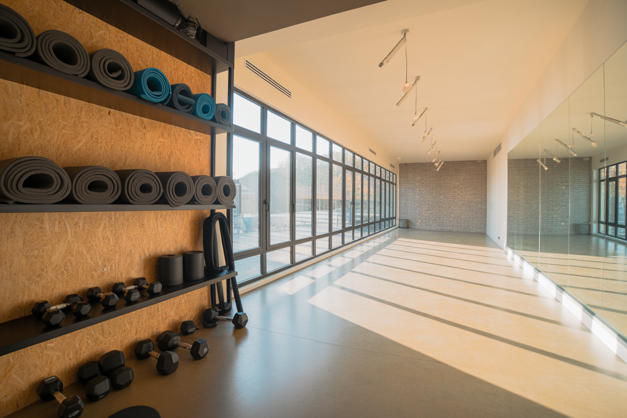 Une salle de sport lumineuse et accueillante comme Unit62, avec des tapis de yoga et du matériel de fitness, prête pour un cours.