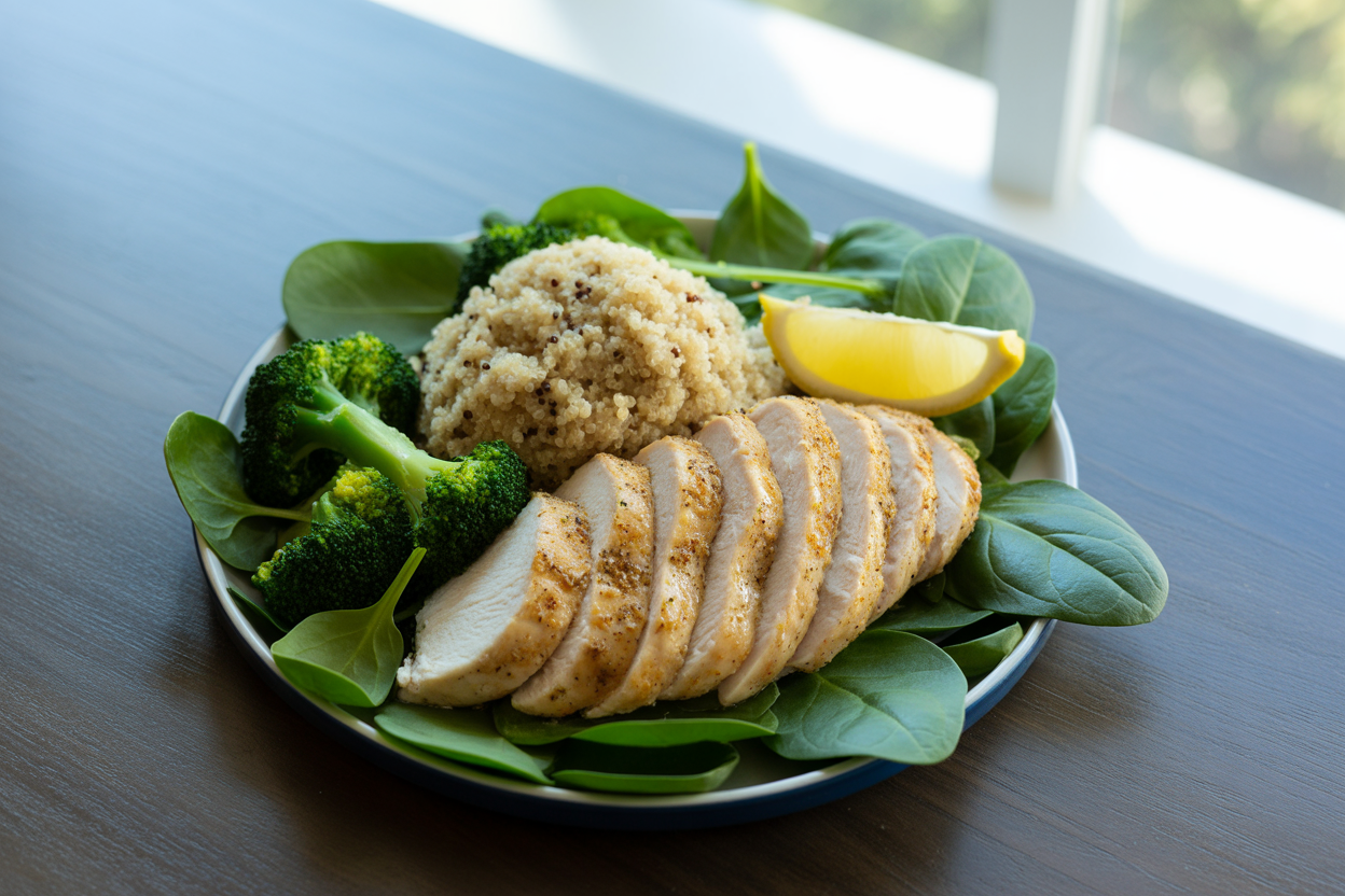 Assiette colorée et équilibrée avec des protéines maigres (poulet grillé), des glucides complexes (quinoa) et beaucoup de légumes verts.