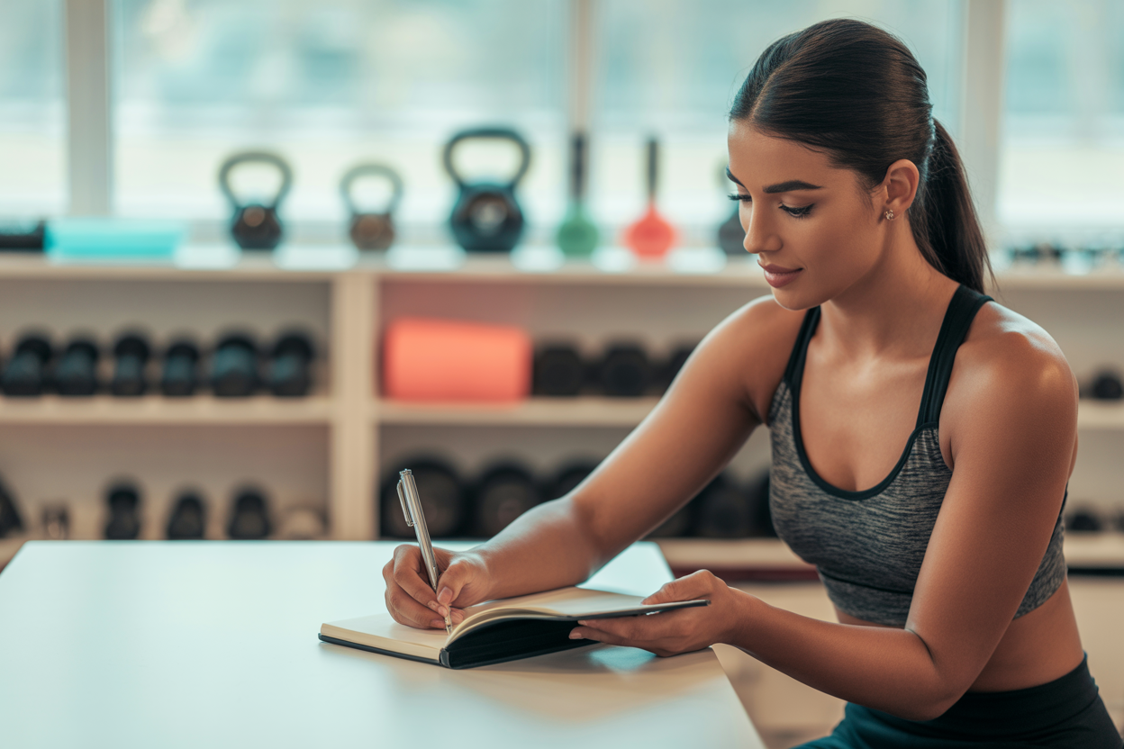 Une personne écrivant ses objectifs de fitness dans un carnet avec un stylo, avec un équipement de sport flou en arrière-plan.