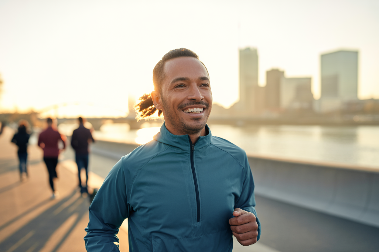 Une personne souriante et en sueur après une course, avec un lever de soleil en arrière-plan, illustrant le sentiment de bien-être et d