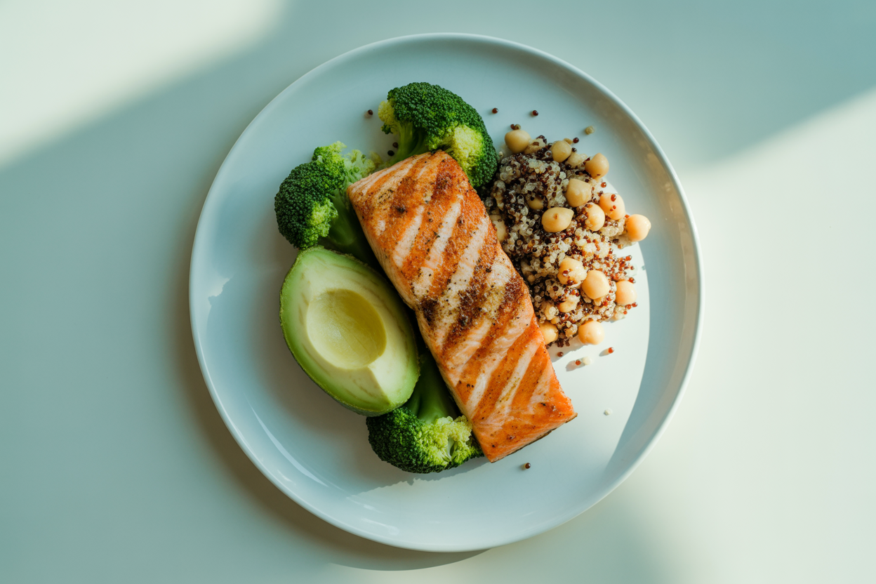 Une assiette colorée et équilibrée avec du saumon grillé, des légumes verts, de l