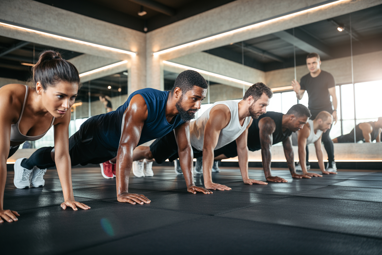 Un groupe de personnes effectuant des exercices de gainage (plank) dans une salle de sport moderne comme Unit62, montrant l