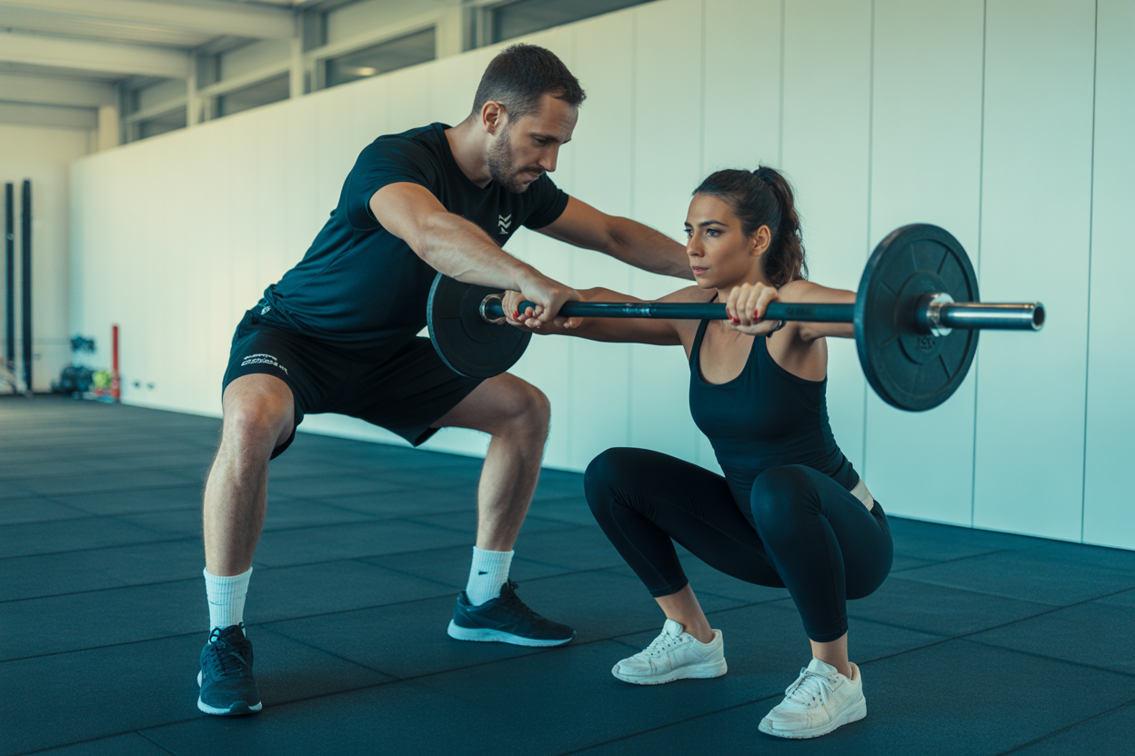Un coach sportif expliquant un exercice de renforcement musculaire à un client dans une salle de sport lumineuse et moderne à Lausanne.