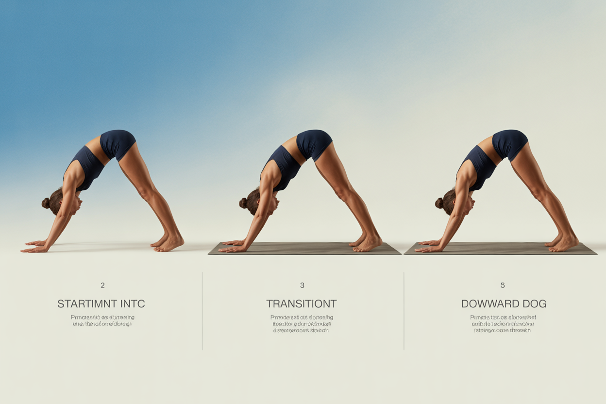 Illustration montrant les étapes pour réaliser correctement la posture du Chien tête en bas (Adho Mukha Svanasana).