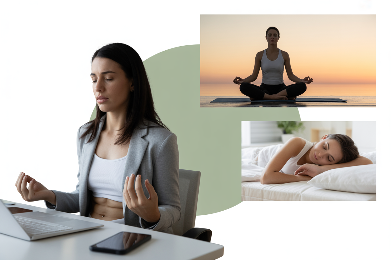 Une infographie simple montrant le cycle du stress et du cortisol menant au stockage de la graisse abdominale, avec des icônes pour la méditation et le sommeil comme solutions.