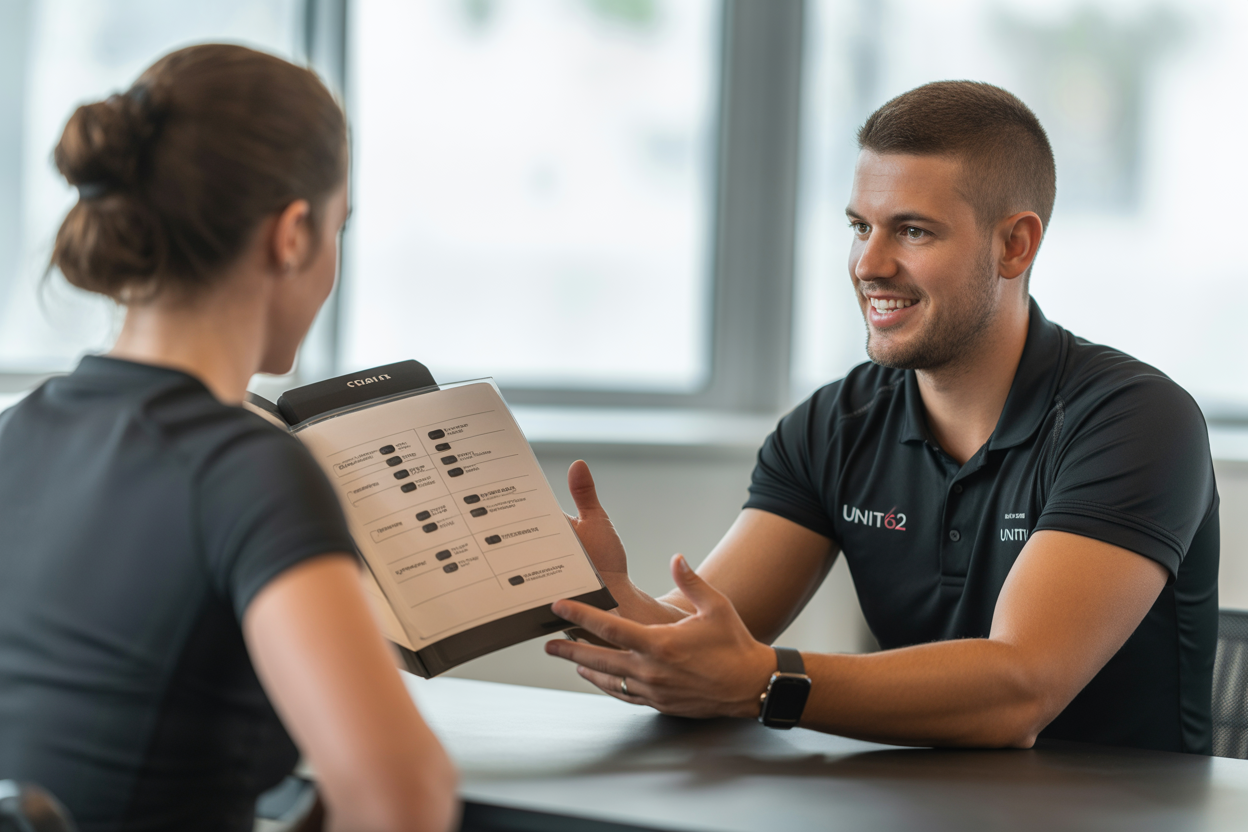 Un coach de Unit62 en train de discuter du plan de progression avec un membre de notre salle à Renens. C