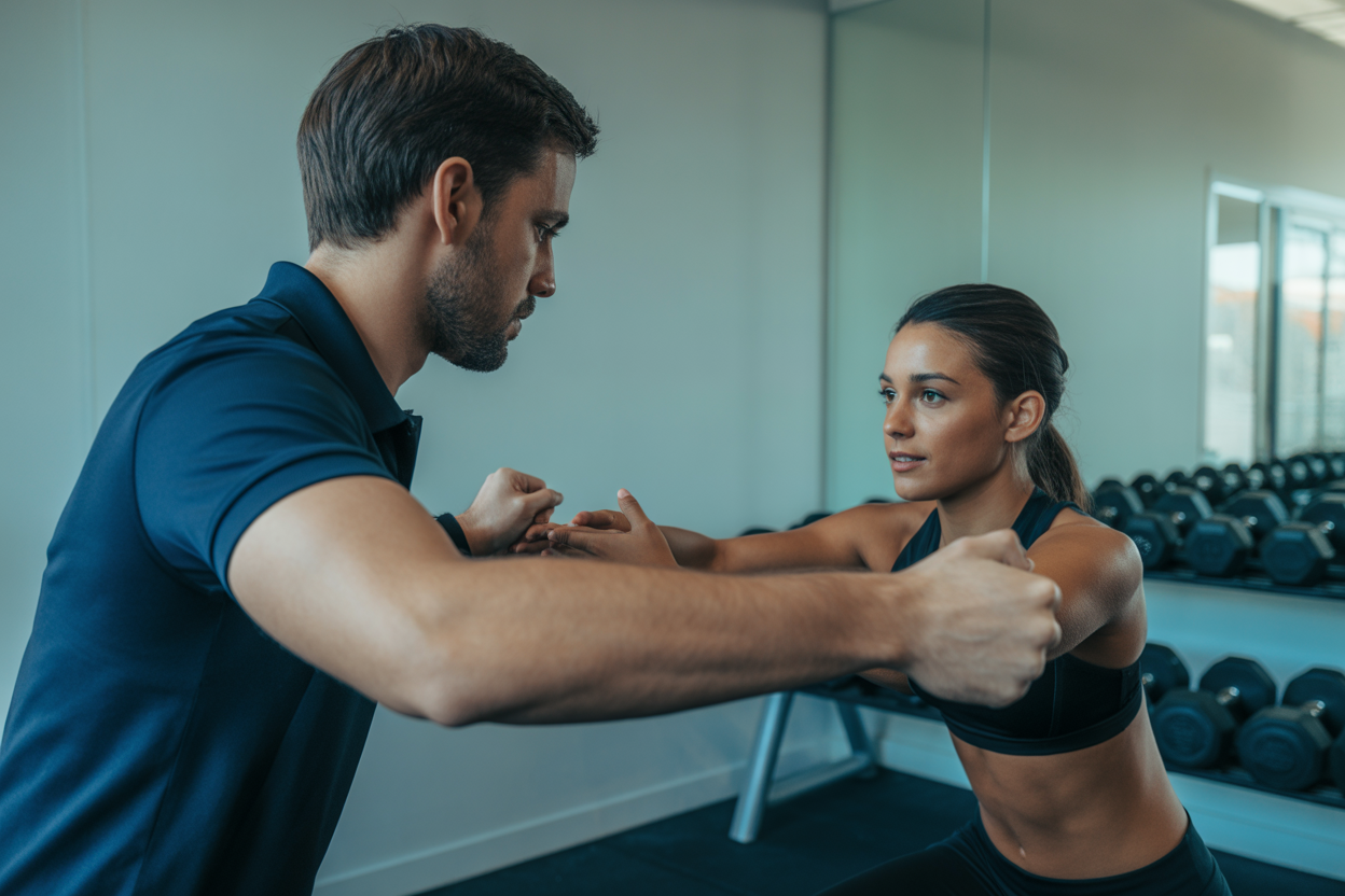 Coach sportif donnant des conseils personnalisés à un client dans une salle de sport à taille humaine.