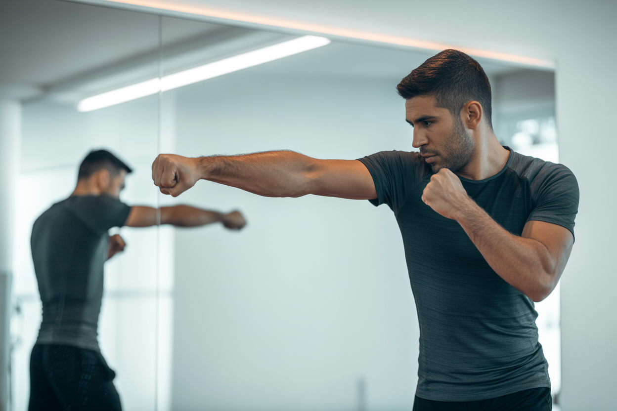 Un homme concentré faisant du shadow boxing devant un miroir, ses mouvements nets et précis.