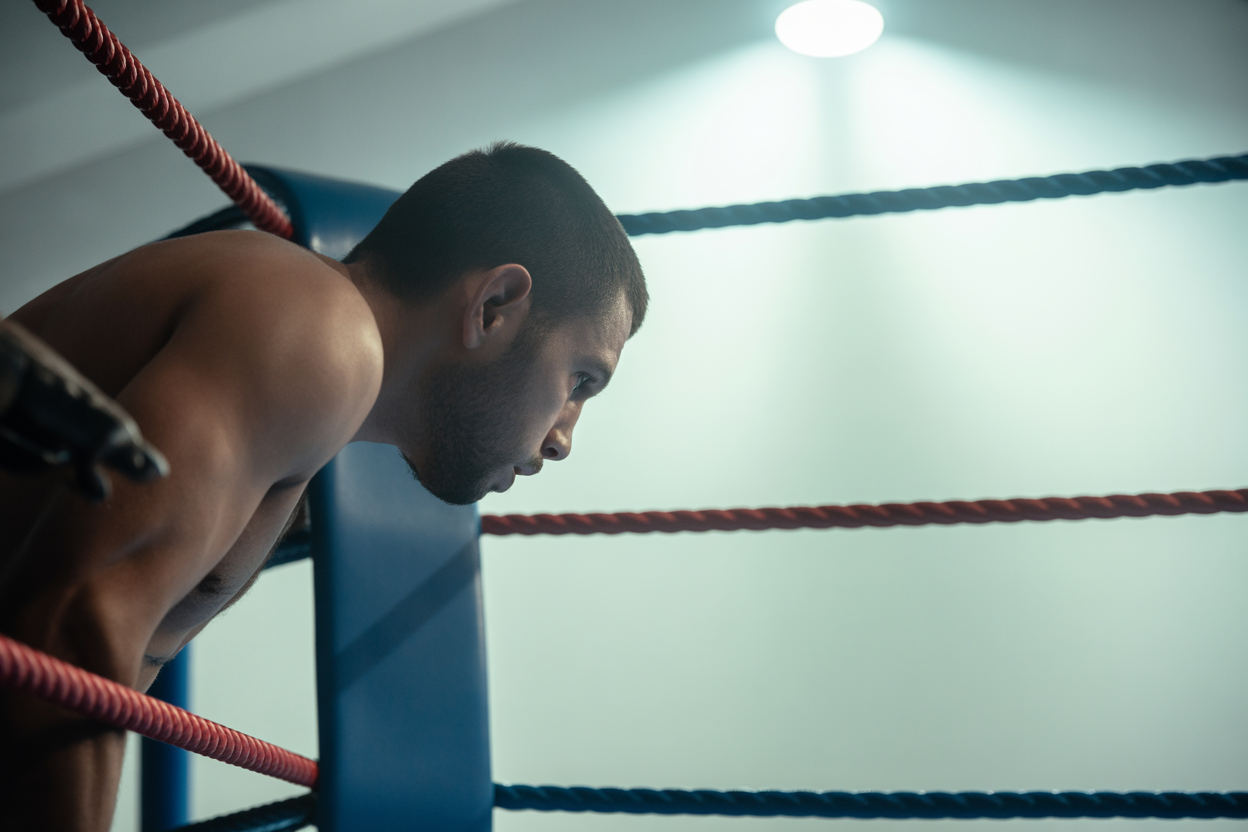 Une silhouette de boxeur en position de garde, avec des mots comme