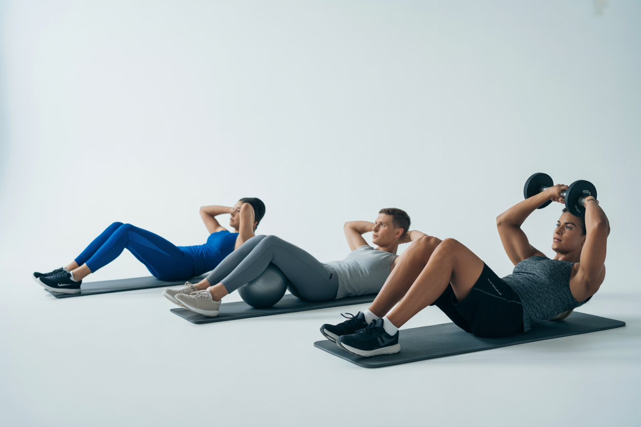 Schéma montrant la progression des variations de crunches, de débutant (crunch traditionnel) à avancé (crunch lesté).
