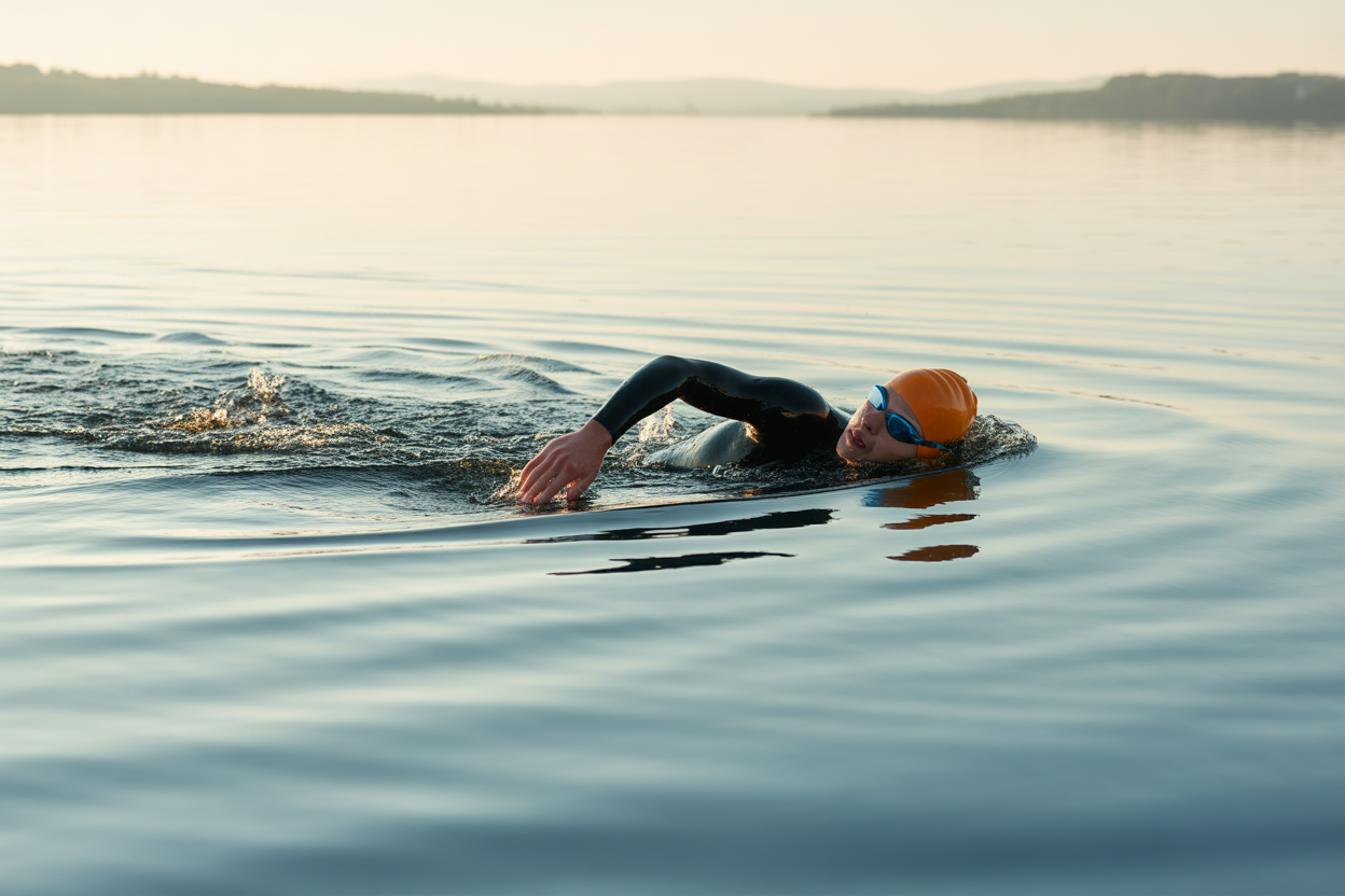 Un nageur ou une nageuse en eau libre, au début de son entraînement de triathlon, avec le soleil levant en arrière-plan.