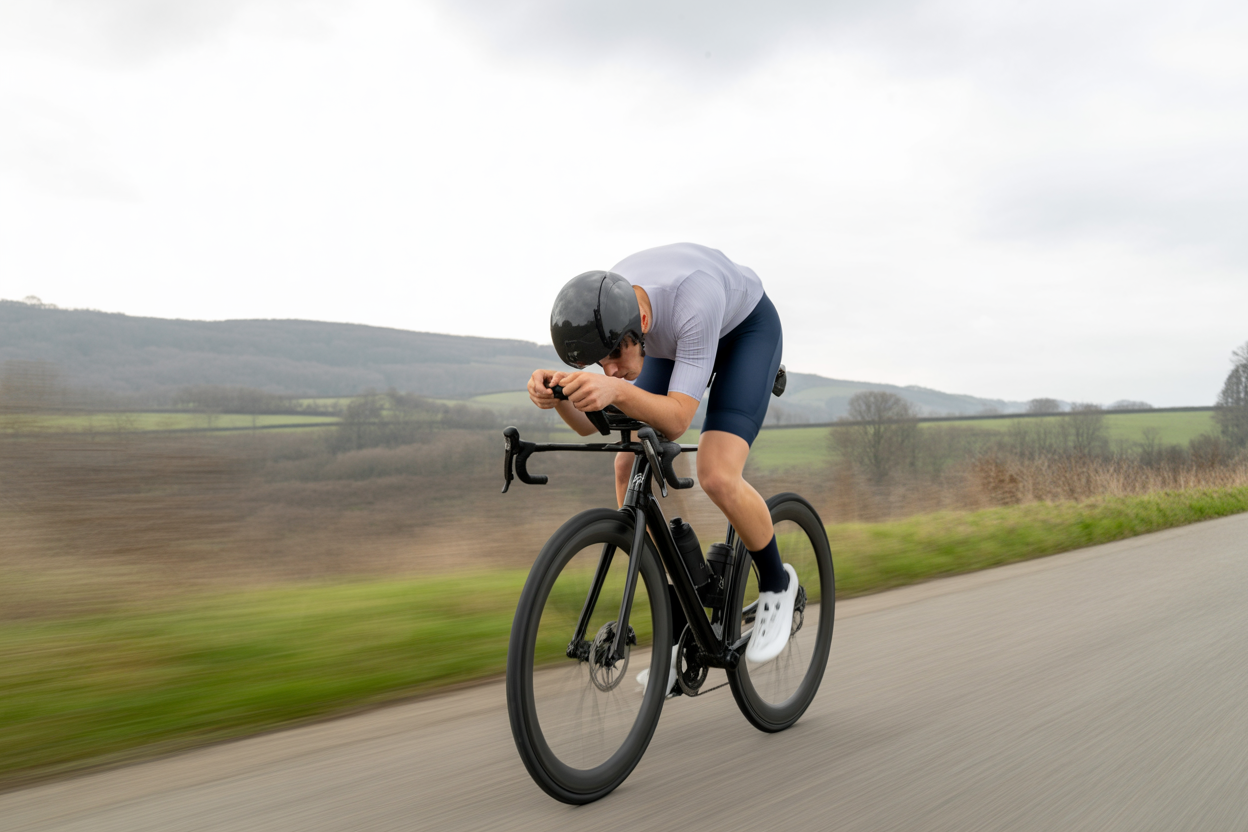 Un cycliste sur une route de campagne, concentré sur son effort, représentant la phase de développement de l