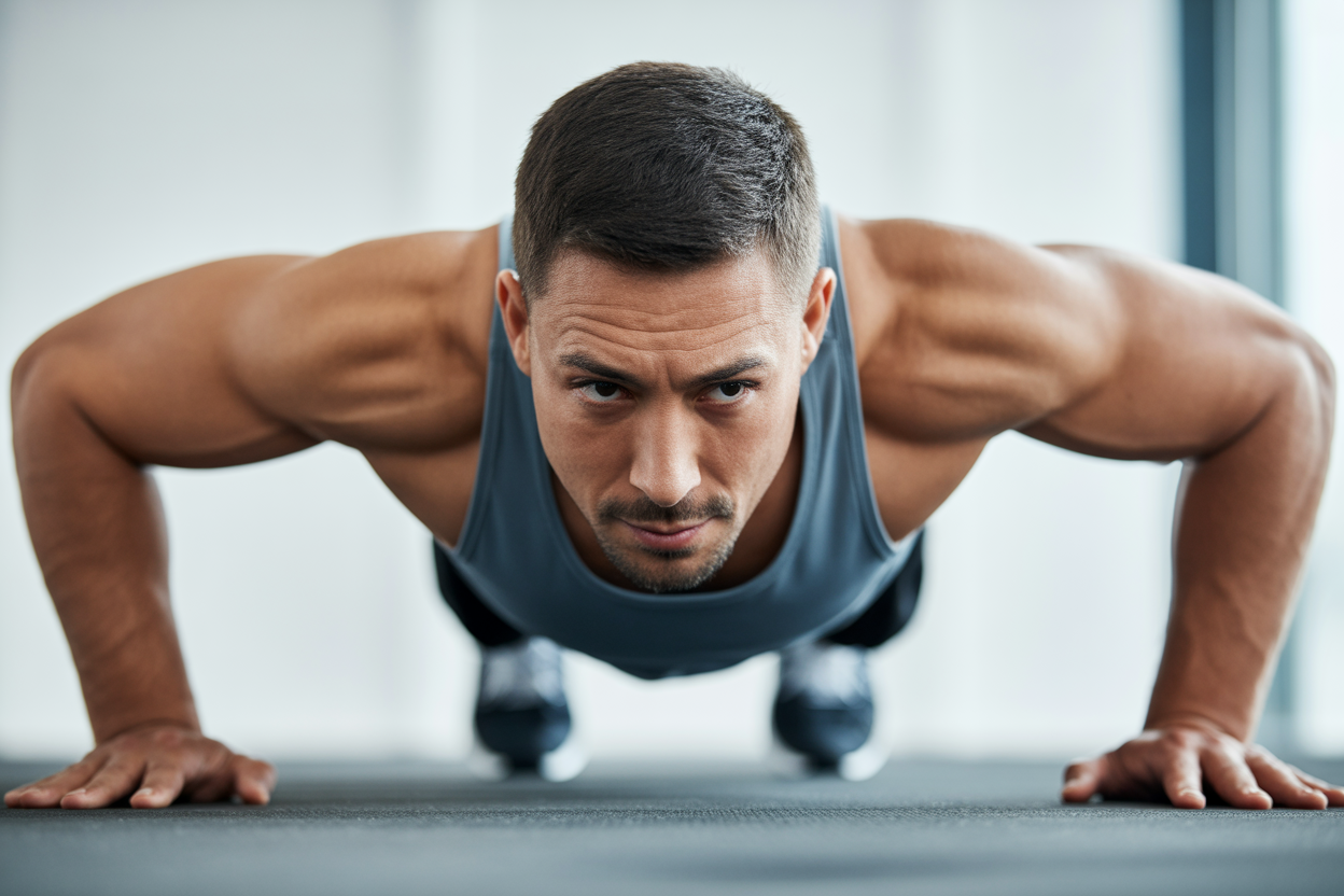 Un athlète en plein effort pendant un exercice de renforcement musculaire, le visage concentré, symbolisant la construction de la force physique comme un rempart.