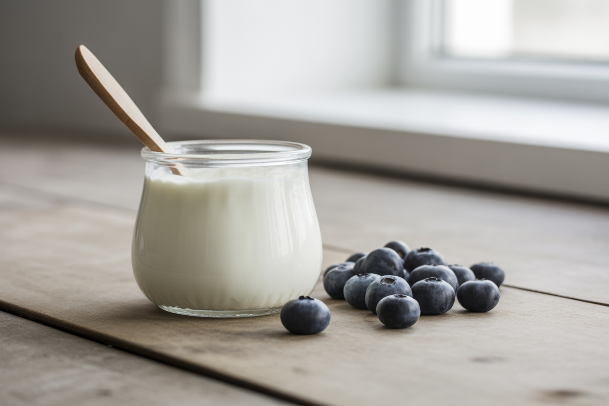 Un pot de skyr nature avec une cuillère, sur une table en bois rustique, avec quelques myrtilles à côté pour suggérer une collation saine.