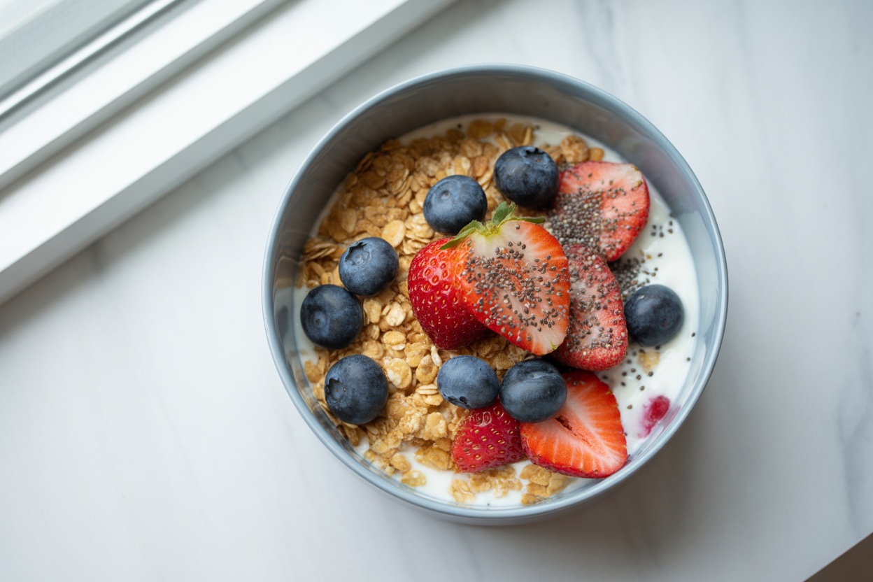 Un bol de petit-déjeuner coloré avec du skyr comme base, garni de granola, de fraises, de myrtilles et de graines de chia, montrant sa polyvalence.