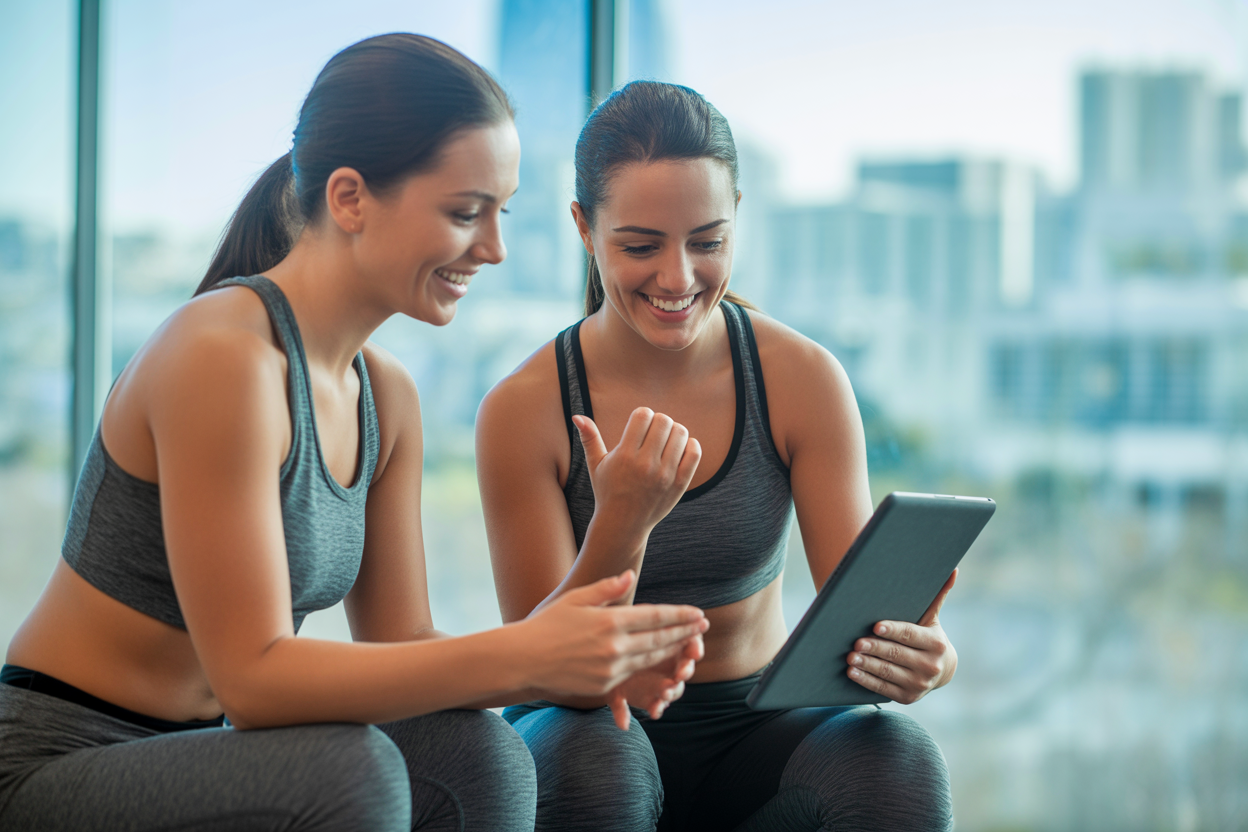 Une cliente qui fait le point sur ses progrès sur une tablette avec son coach, un bon exemple du suivi et de la planification en action.