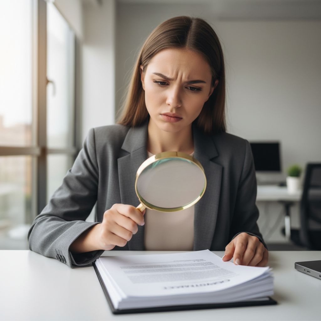 Une personne qui examine un long contrat avec une loupe, l