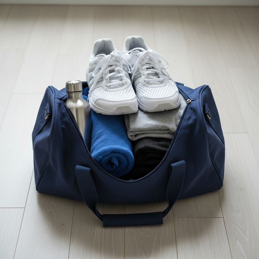 Un sac de sport ouvert montrant les essentiels : une paire de chaussures de sport propres, une serviette, une bouteille d
