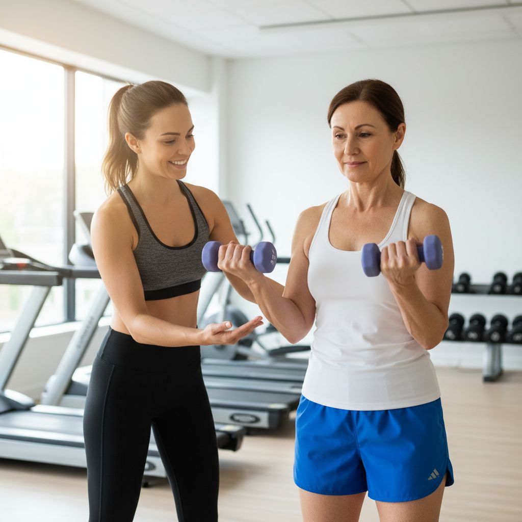 Personne effectuant un exercice de renforcement musculaire avec un coach personnel, illustrant l