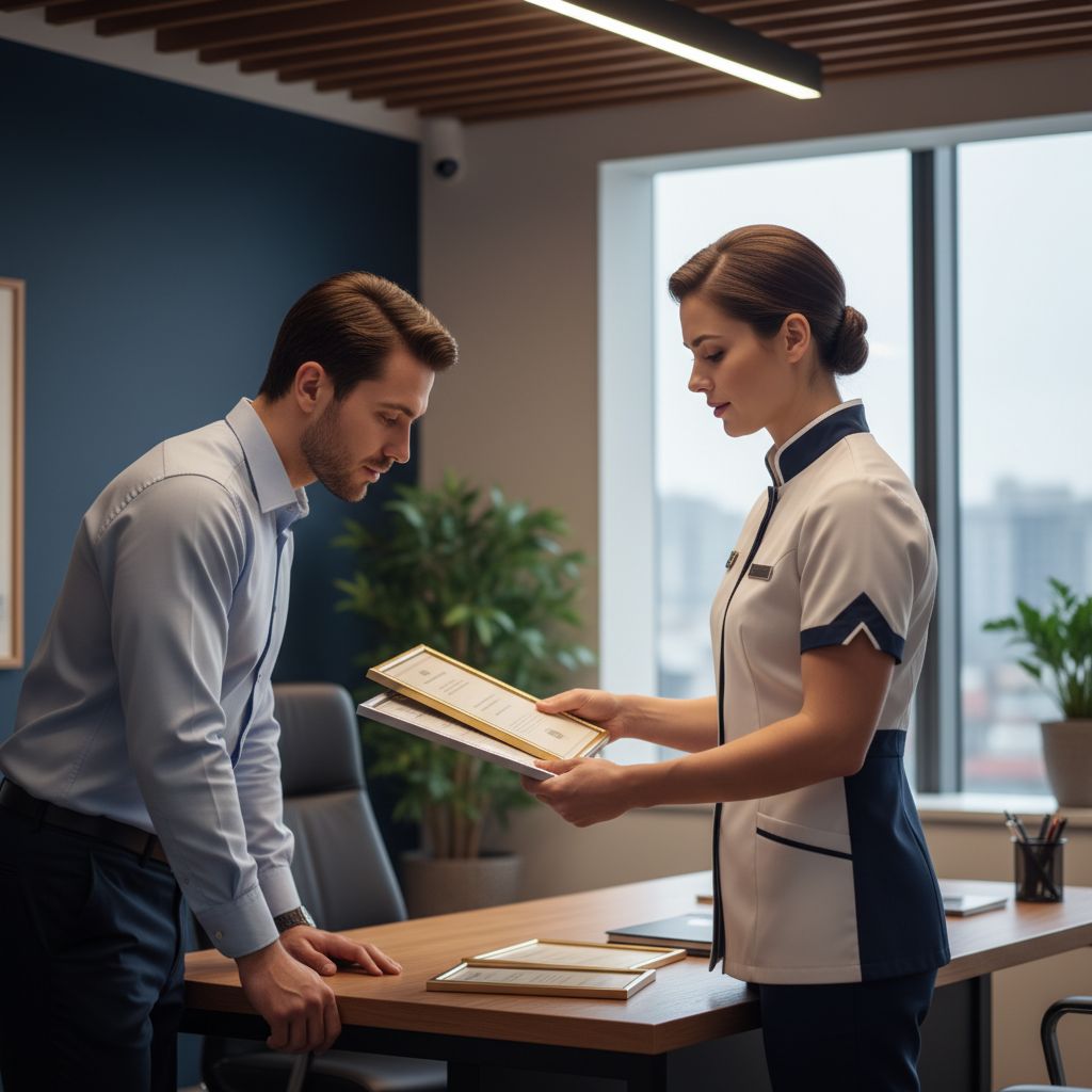 Un coach sportif montrant ses certifications et diplômes à un client potentiel, instaurant un climat de confiance et de professionnalisme.
