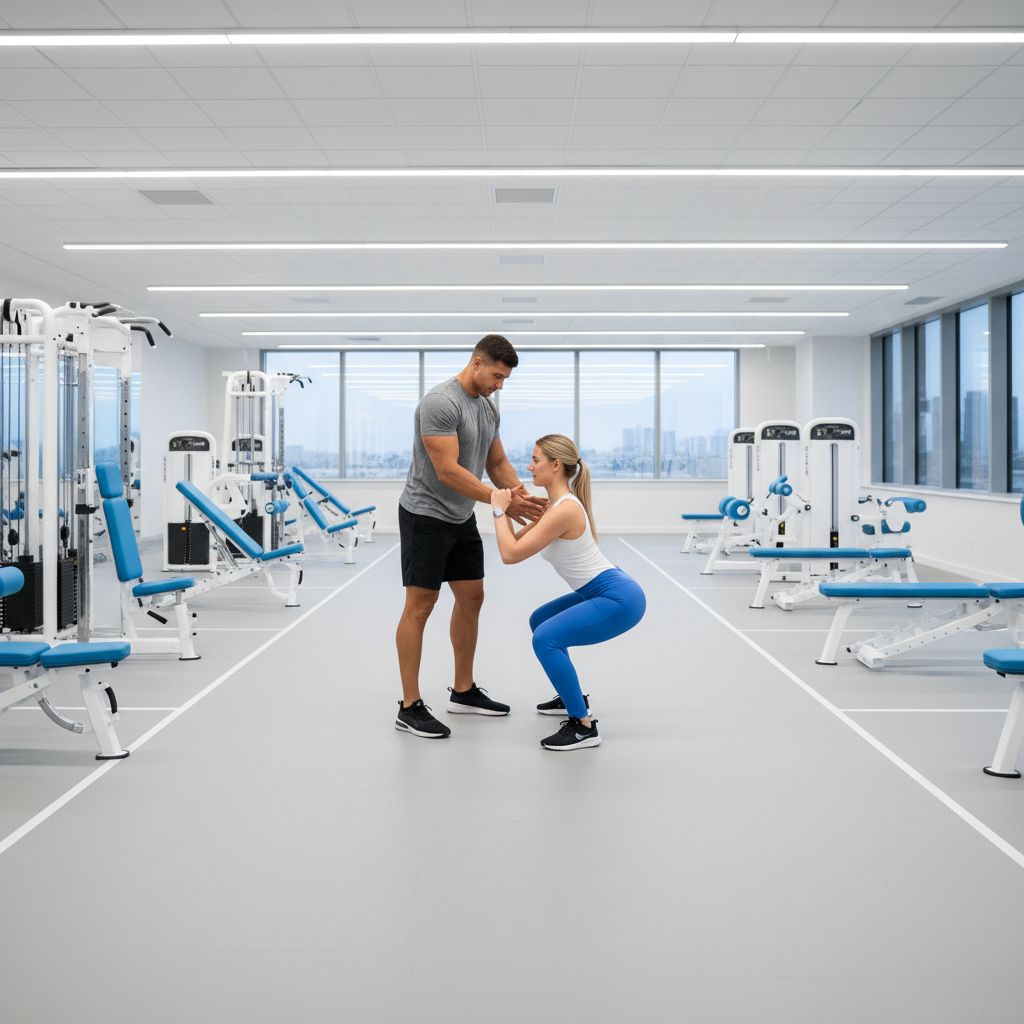 Un coach sportif diplômé qui montre les bons mouvements à son client dans une salle de sport moderne et bien équipée.