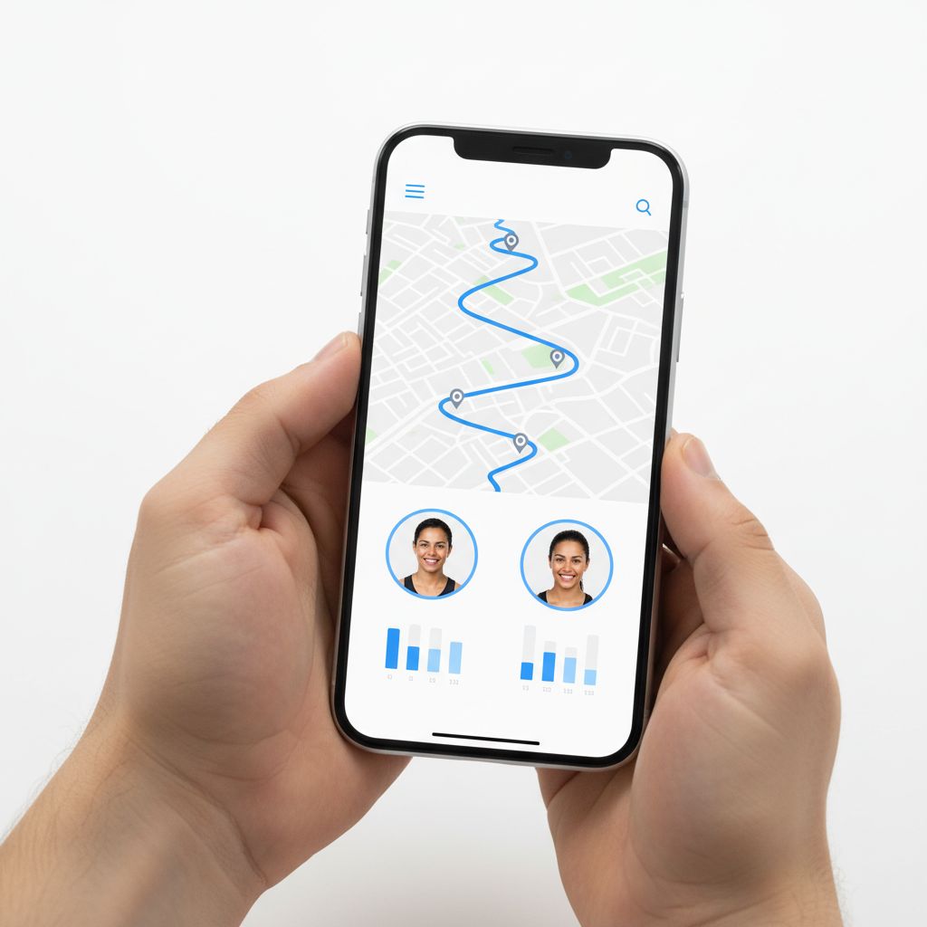 Un écran de smartphone montrant une application de recherche de coachs sportifs avec des filtres pour la localisation et la spécialité.
