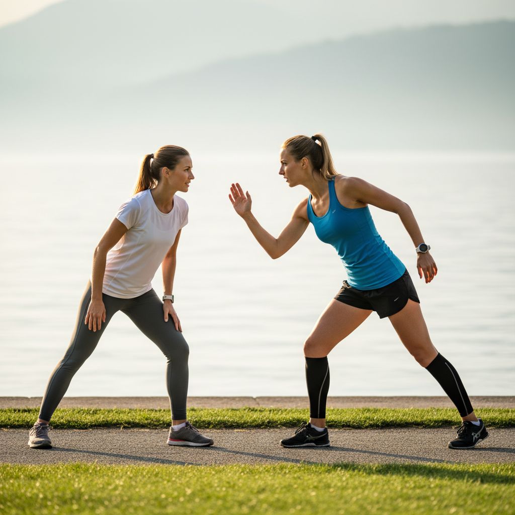 Un coach sportif montrant à une cliente la bonne posture de course en extérieur, dans un parc de la région lausannoise.