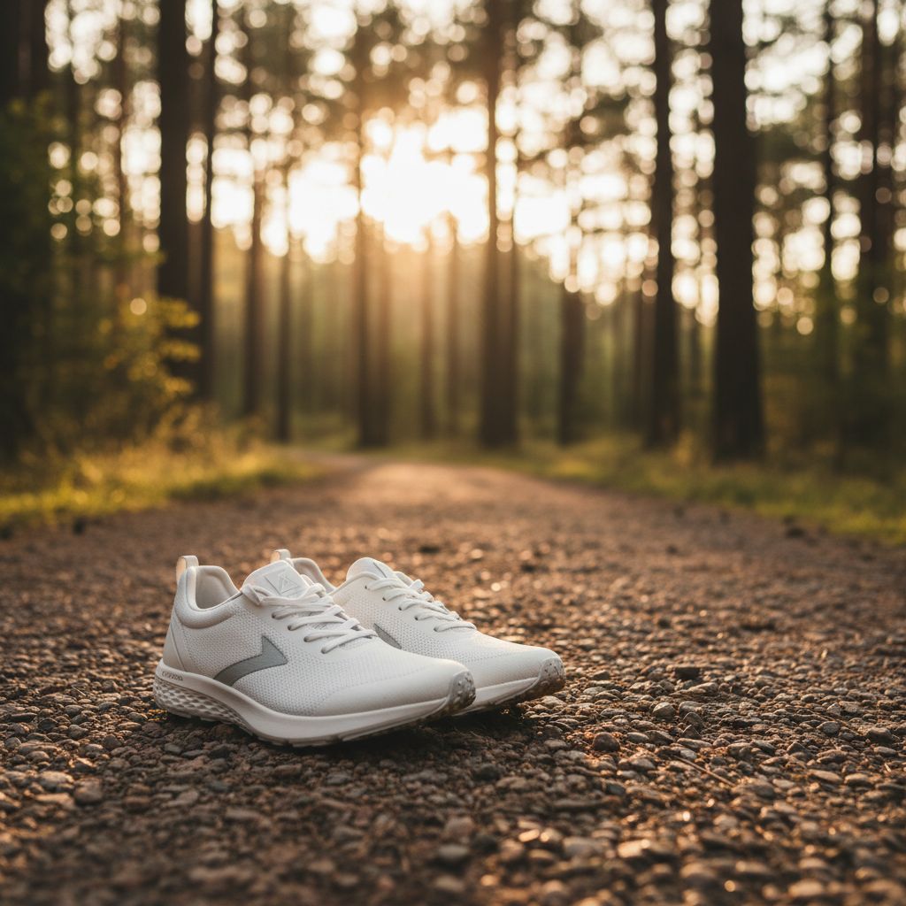 Des chaussures de running sur un sentier, prêtes pour le départ. C
