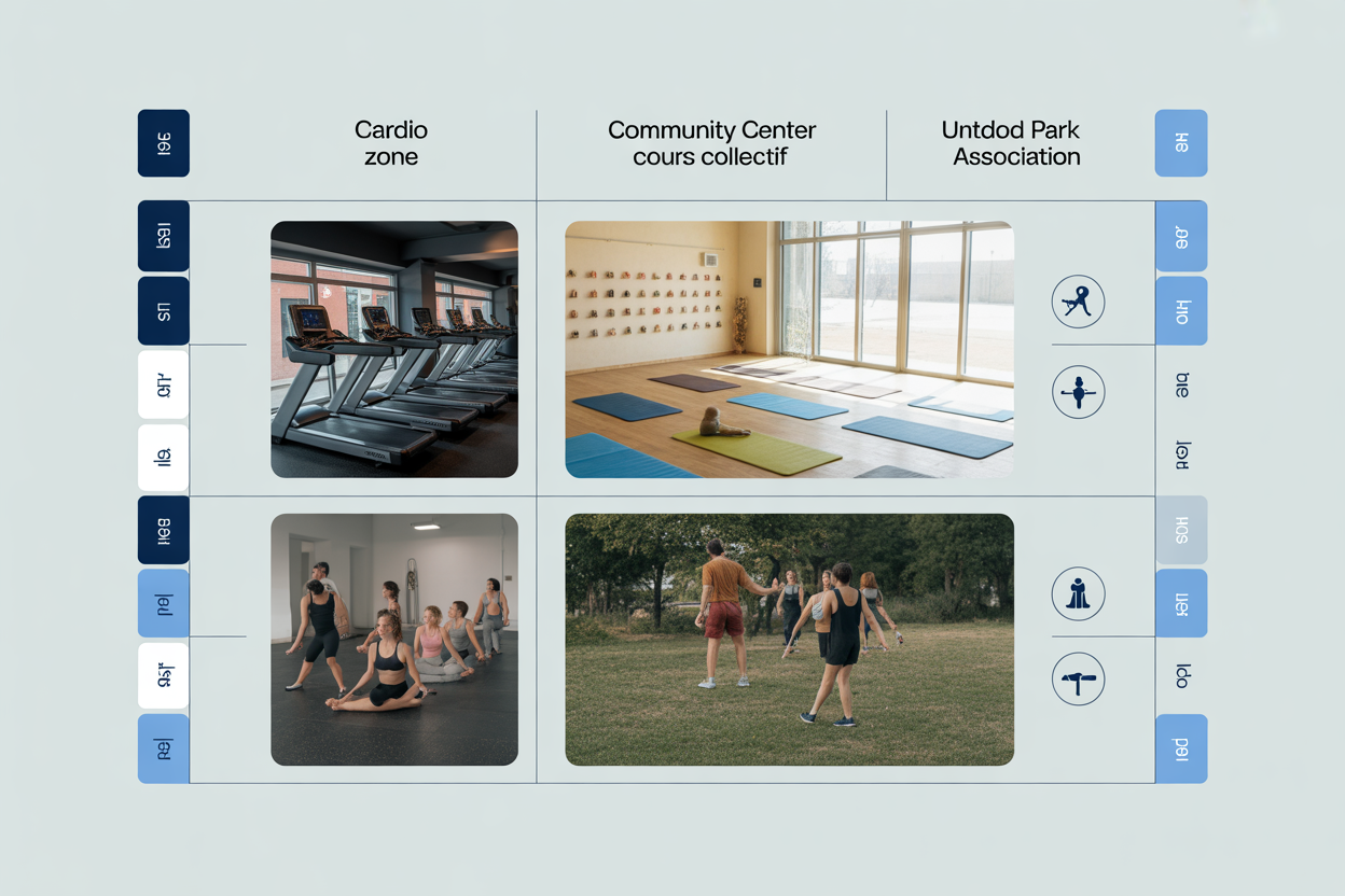 Tableau comparatif des options de fitness à Bussigny: Salles polyvalentes, Cours locaux, Associations. Critères: équipement, ambiance, prix, public cible.