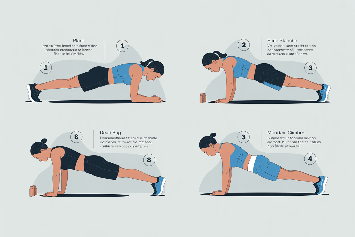 Infographie montrant les 5 exercices de la routine de gainage quotidien: planche, planche latérale, dead bug, mountain climbers.
