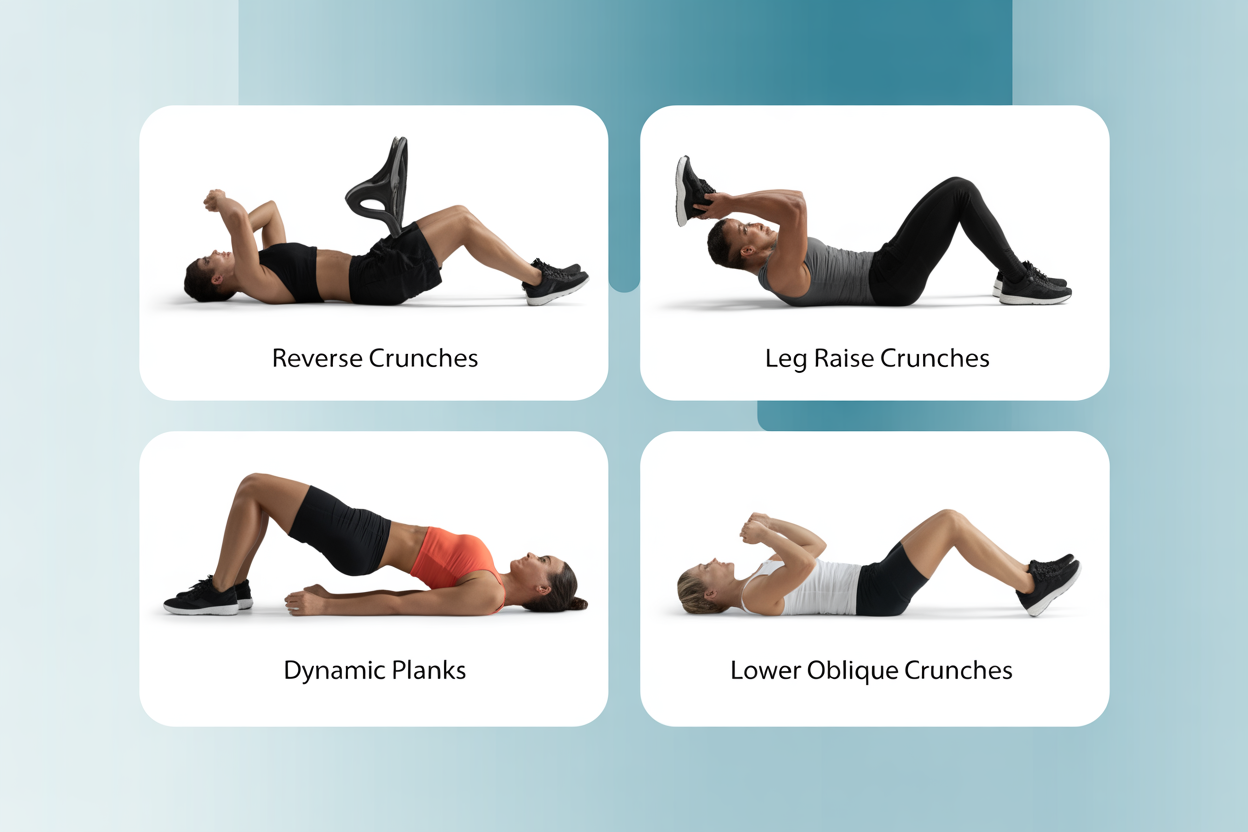 Infographie simple montrant les 4 variantes de crunch pour le bas du ventre avec des icônes et des noms : Crunch Inversé, Crunch Pieds en l