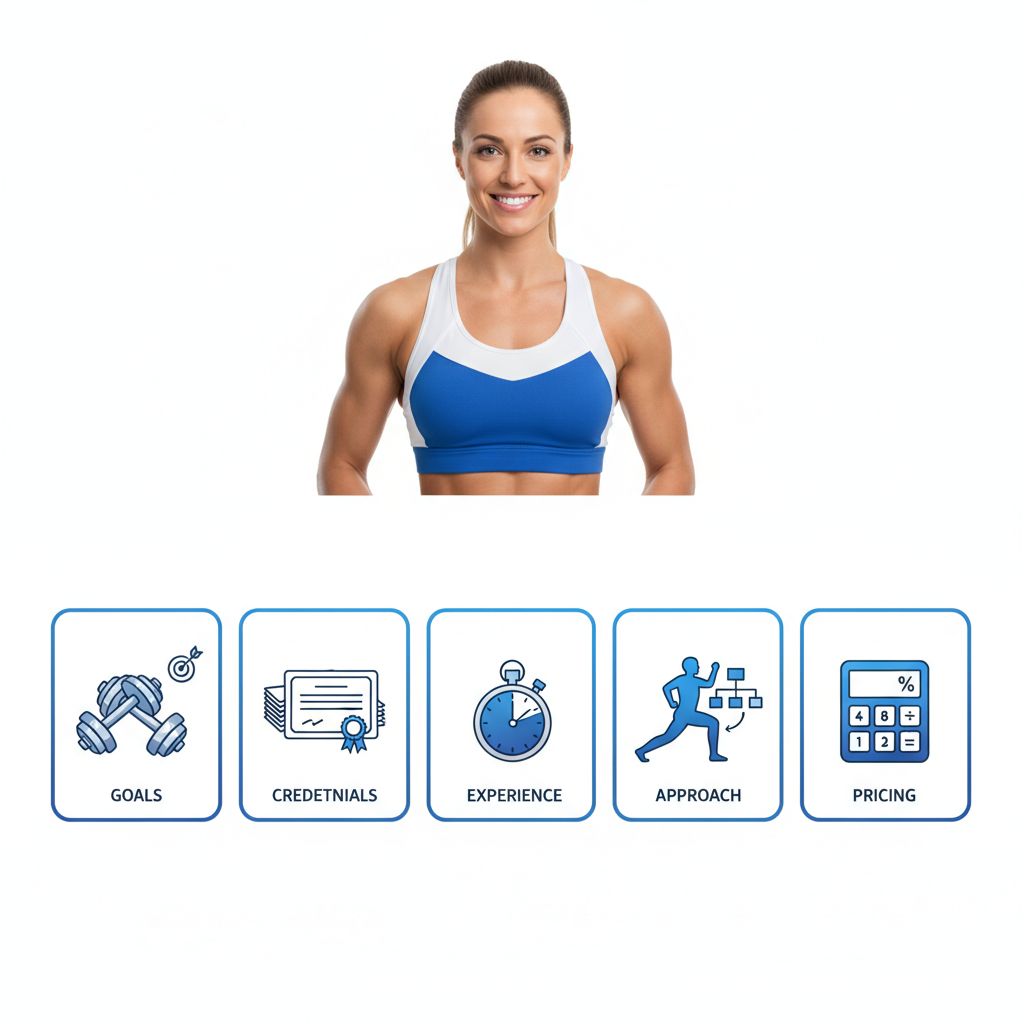 Infographie simple montrant les cinq critères pour choisir un coach sportif : objectifs, certifications, expérience, approche, et tarifs.