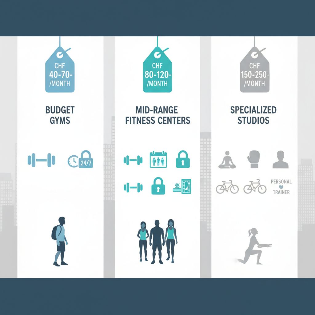 Tableau comparatif des types de salles de sport à Renens, montrant le prix moyen, les services inclus (coaching, cours collectifs, accès 24/7) et le public cible pour chaque catégorie (low-cost, milieu de gamme, studio spécialisé).