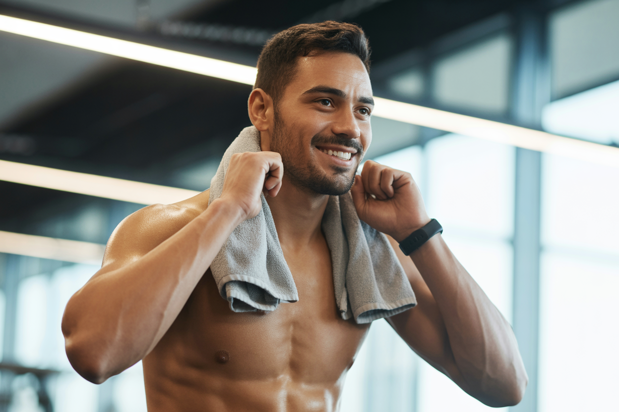 Un athlète essoufflé mais souriant, prenant une courte pause durant un entraînement HIIT intensif.