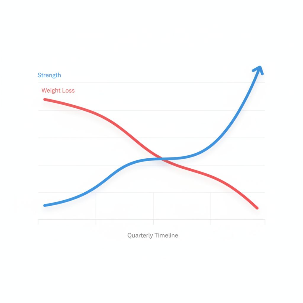 Un graphique simple montrant la courbe de force qui monte et la courbe de poids qui descend sur 3 mois, une belle illustration de résultats mesurables.