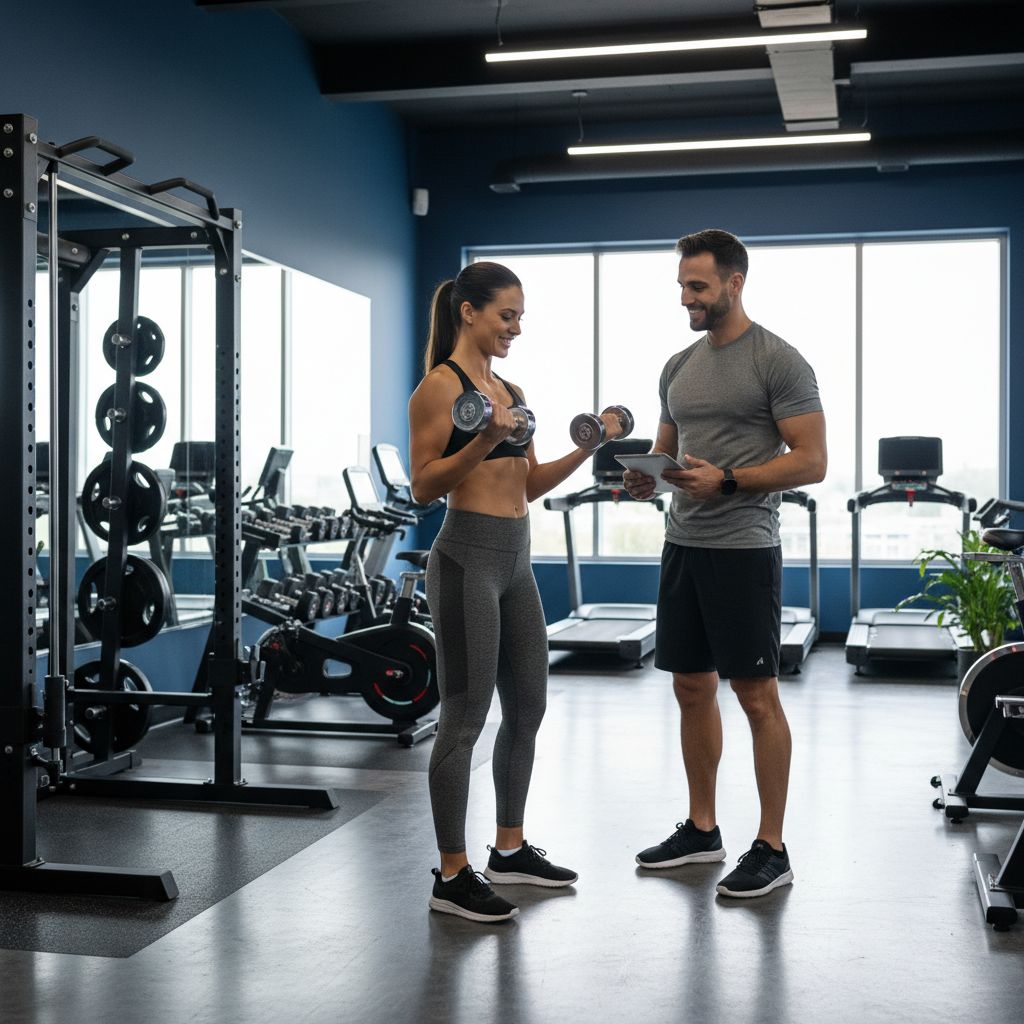 Une personne effectuant un exercice de renforcement musculaire avec des poids sous la supervision attentive d
