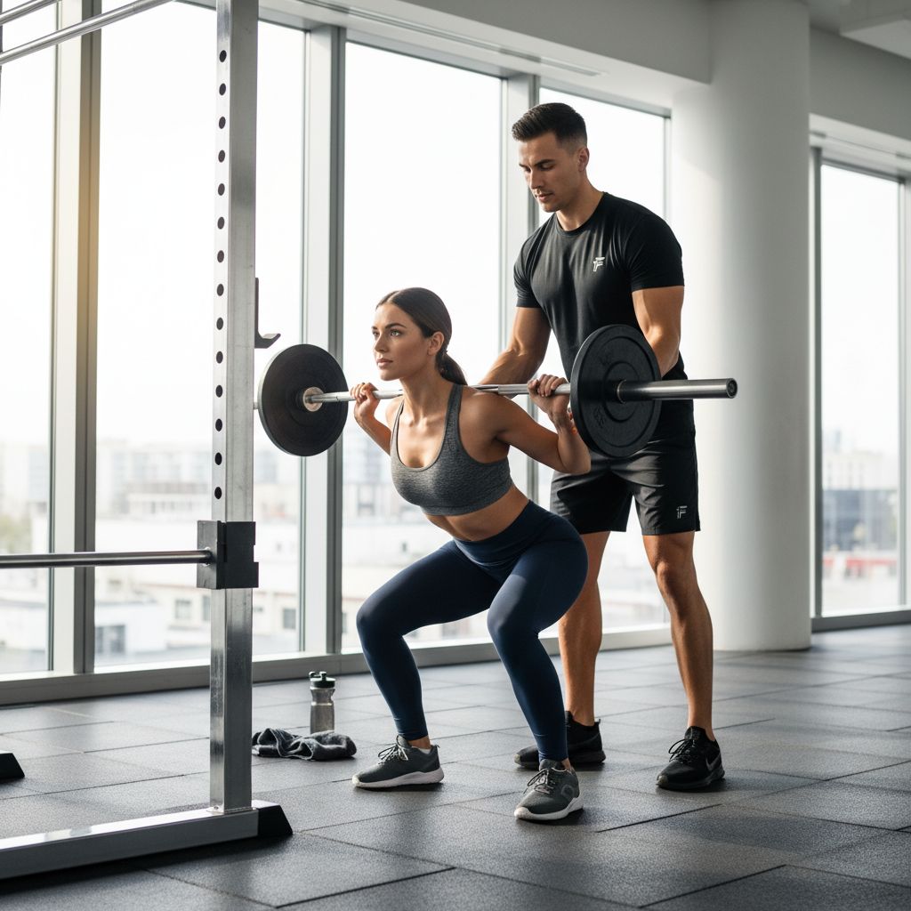 Un coach sportif personnel aidant une personne à réaliser un exercice de renforcement musculaire dans une salle de sport moderne et lumineuse à Lausanne.