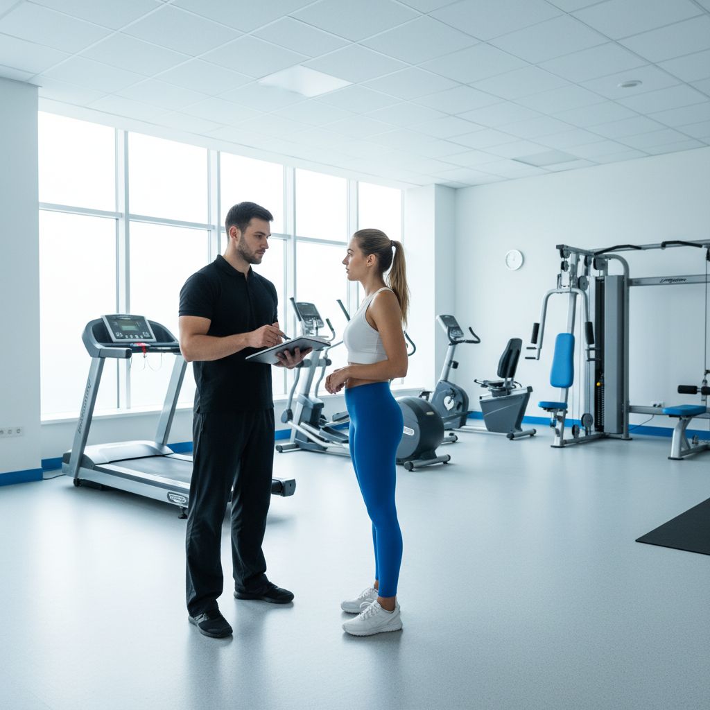 Un coach sportif et son client en pleine discussion dans la salle de sport, un carnet à la main. C