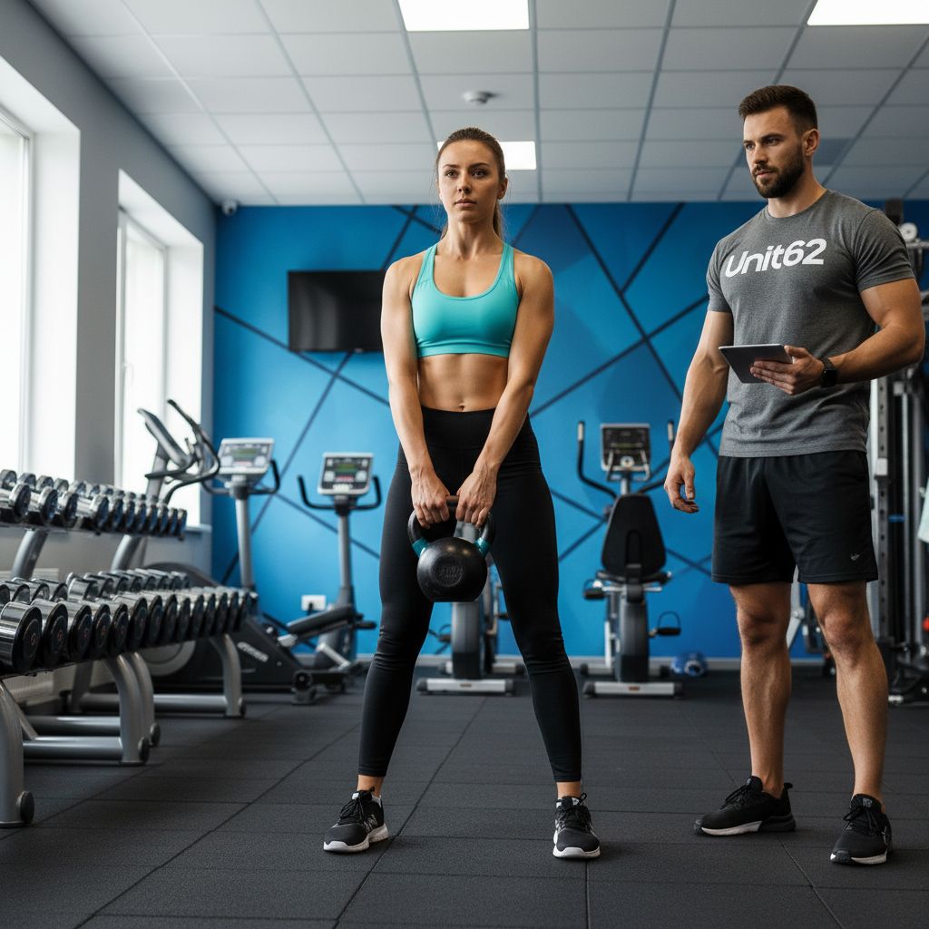 Une personne effectuant un exercice de renforcement musculaire, comme un kettlebell swing, sous le regard attentif d