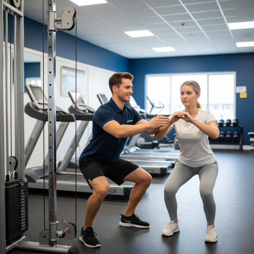 Un coach sportif expliquant des exercices de renforcement musculaire à un débutant dans la salle de sport Unit62 à Renens.