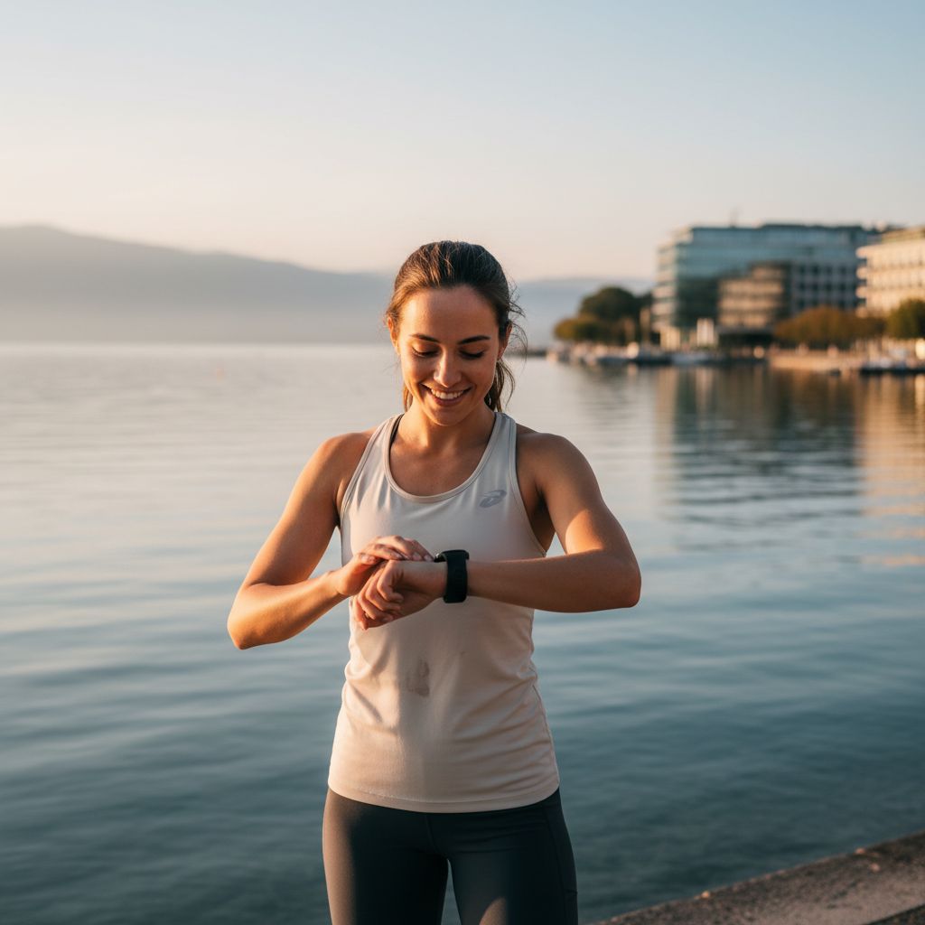 Un coureur débutant souriant qui regarde sa montre de sport, avec en arrière-plan un paysage de la région de Lausanne.