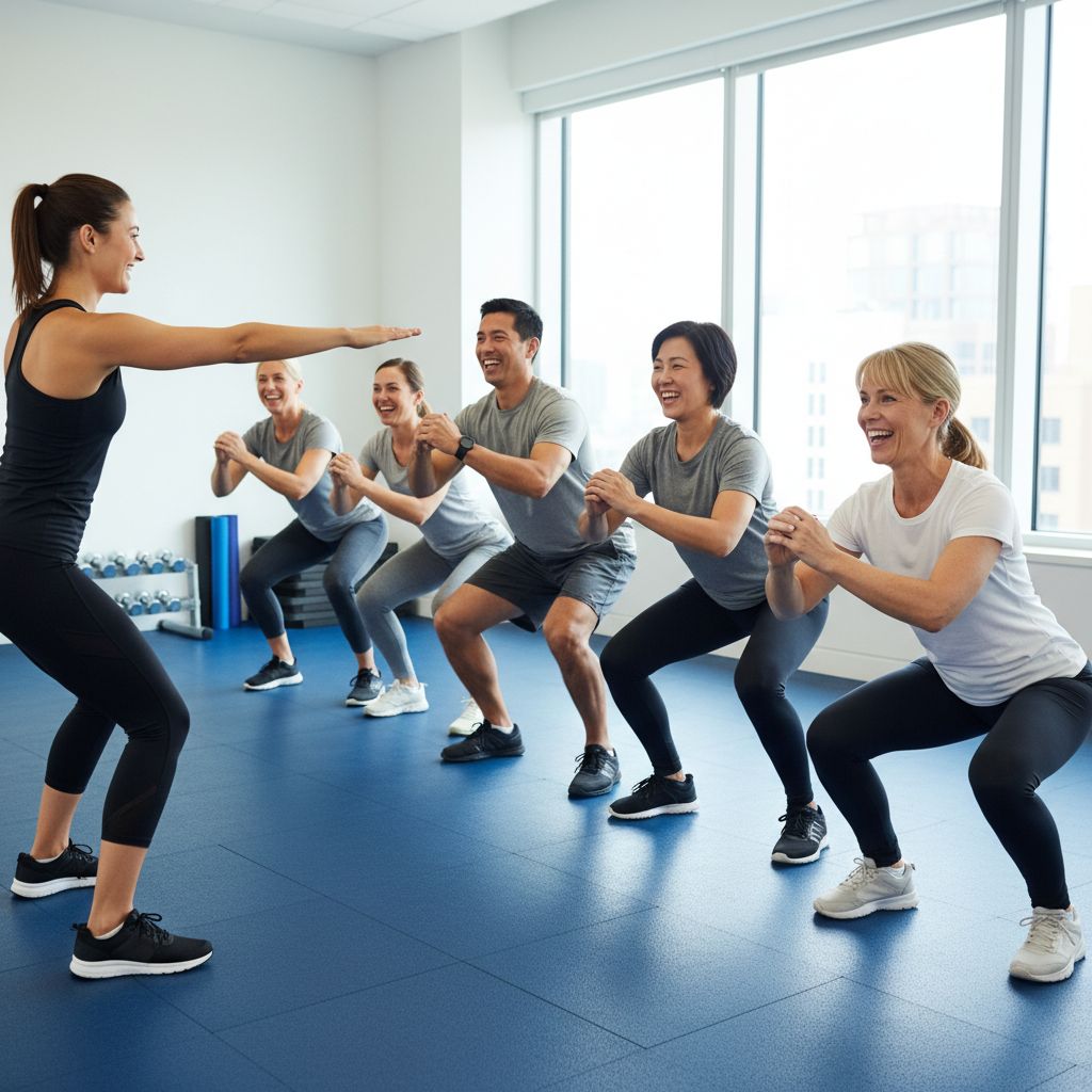 Personnes souriantes et dynamiques pendant un cours de fitness en groupe dans une salle de sport moderne et lumineuse.