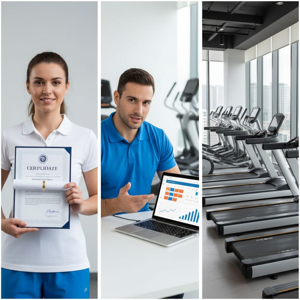 Infographie simple montrant trois icônes : un diplôme (Expérience & Certifications), un calendrier avec un graphique (Suivi & Planification), et un bâtiment de salle de sport (Lieu & Installation), avec une fourchette de prix associée à chaque facteur.