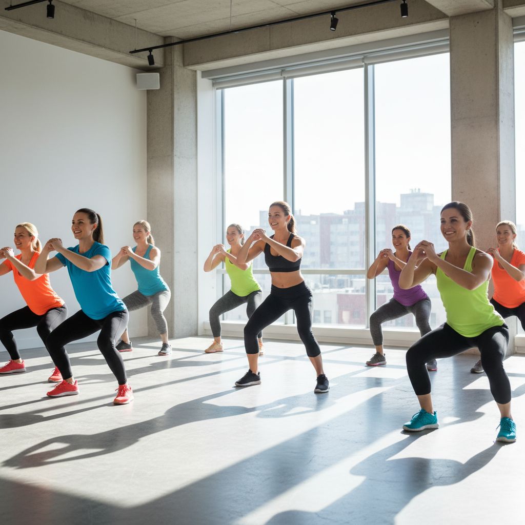 Un groupe de personnes souriantes et dynamiques pendant un cours collectif de fitness chez Unit62, illustrant l
