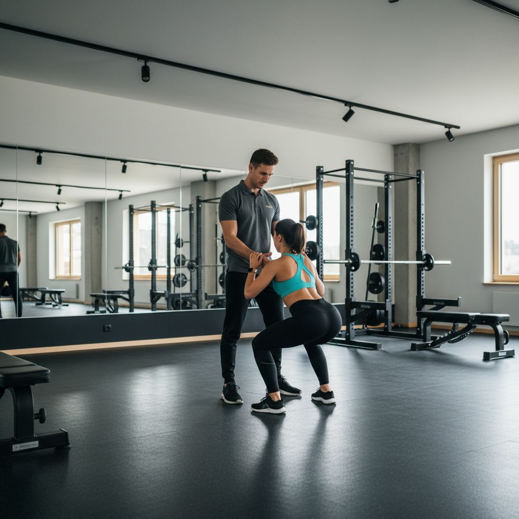 Un coach personnel ajustant avec précision la posture de son client pendant un exercice de musculation. On sent l
