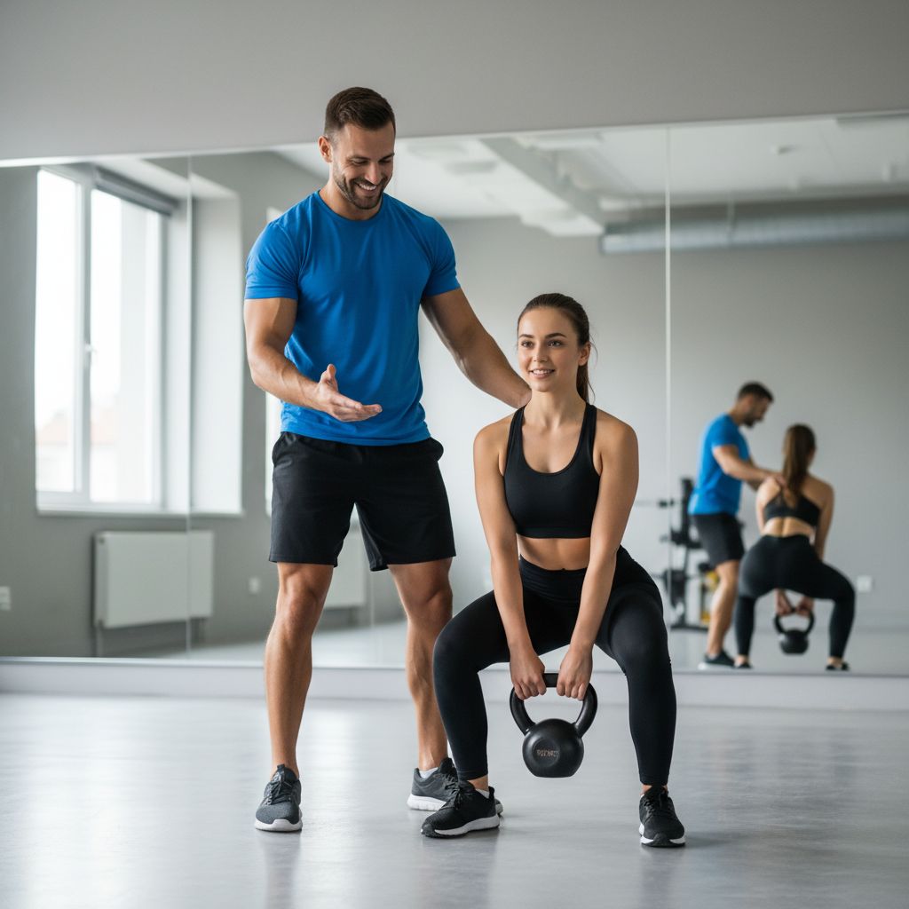 Un coach sportif personnel aidant un client à effectuer un mouvement de renforcement musculaire dans une salle de sport moderne.