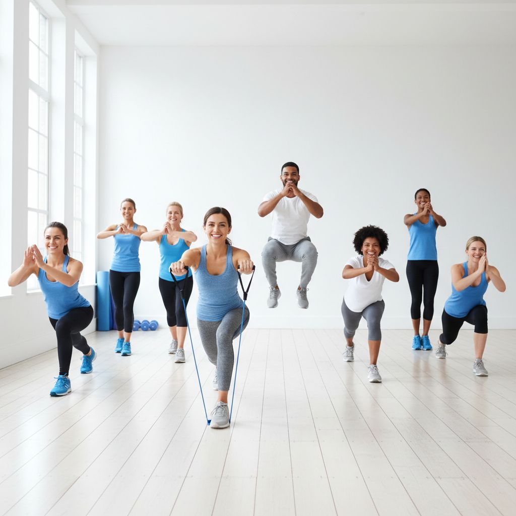 Un groupe de personnes souriantes et motivées participant à un cours collectif dans une salle de sport lumineuse et moderne.