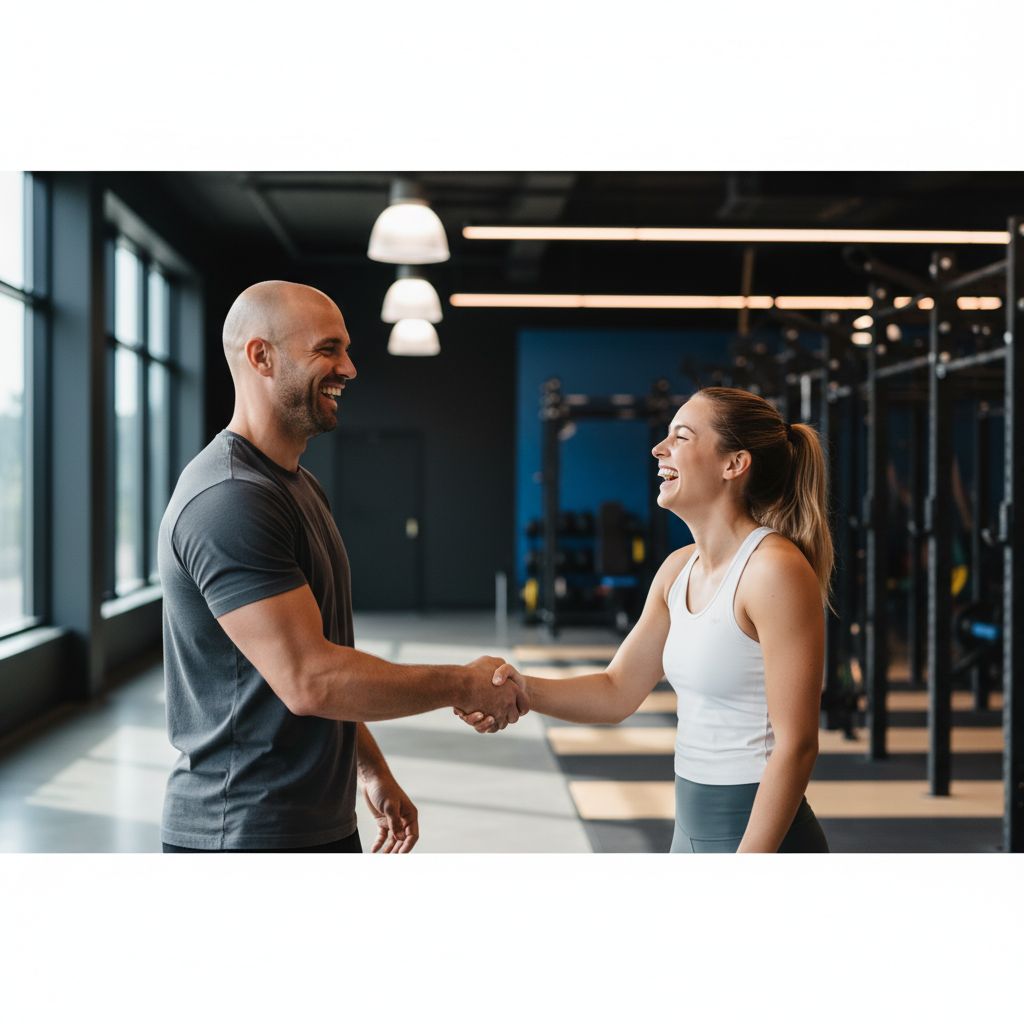 Une photo qui montre le bon feeling : un coach discutant avec un client, tous les deux souriants, dans une salle de sport moderne comme Unit62, pour illustrer le premier contact.