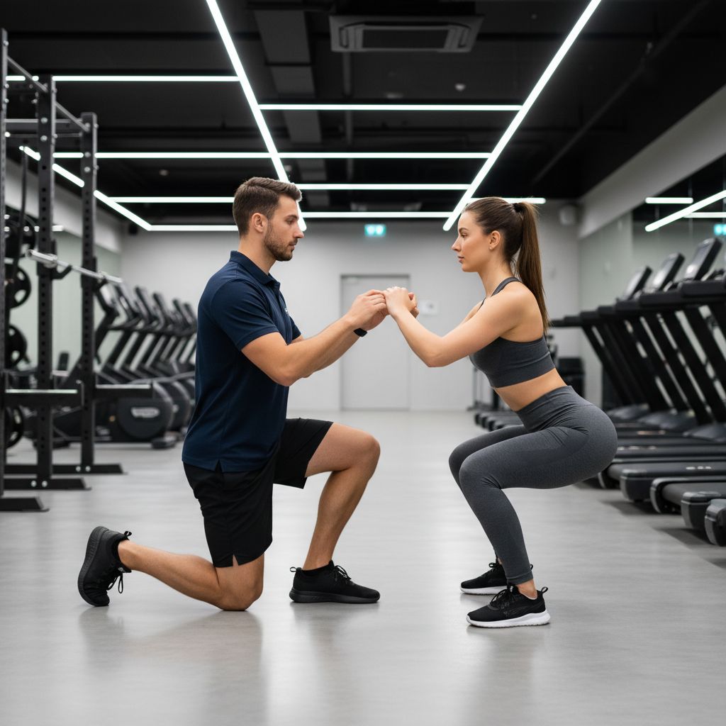 Une personne effectuant un squat parfait sous la supervision de son coach sportif à Renens, mettant l